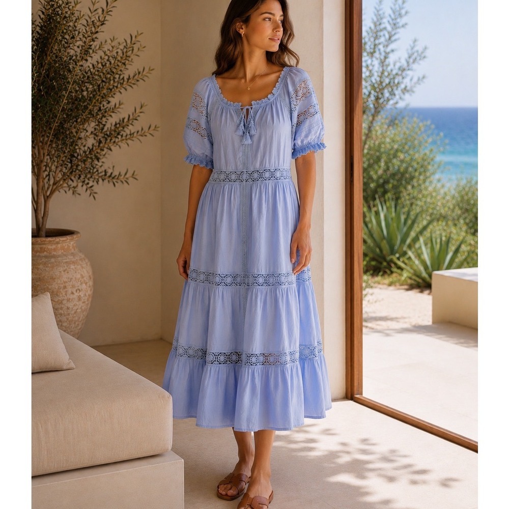 MAYE Lotus Midi Dress Women L Blue Lace Tiered‎ Cotton Puff Sleeve Boho